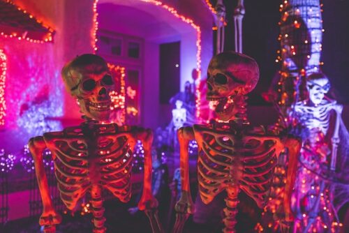 skeleton props in front of purple and orange lights