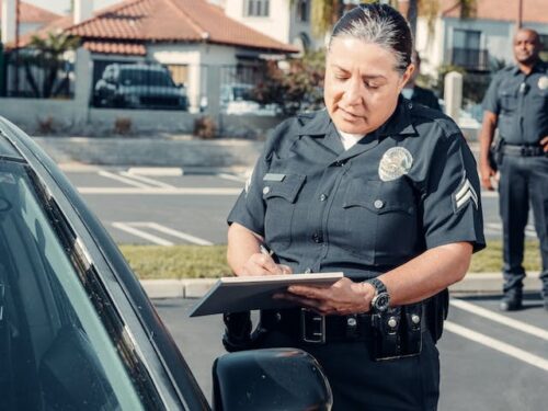 police officer with clipboard by car