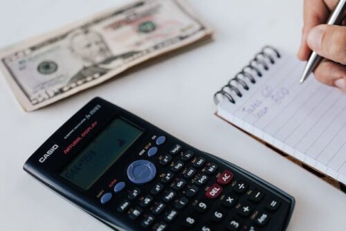 money, calculator, notepad